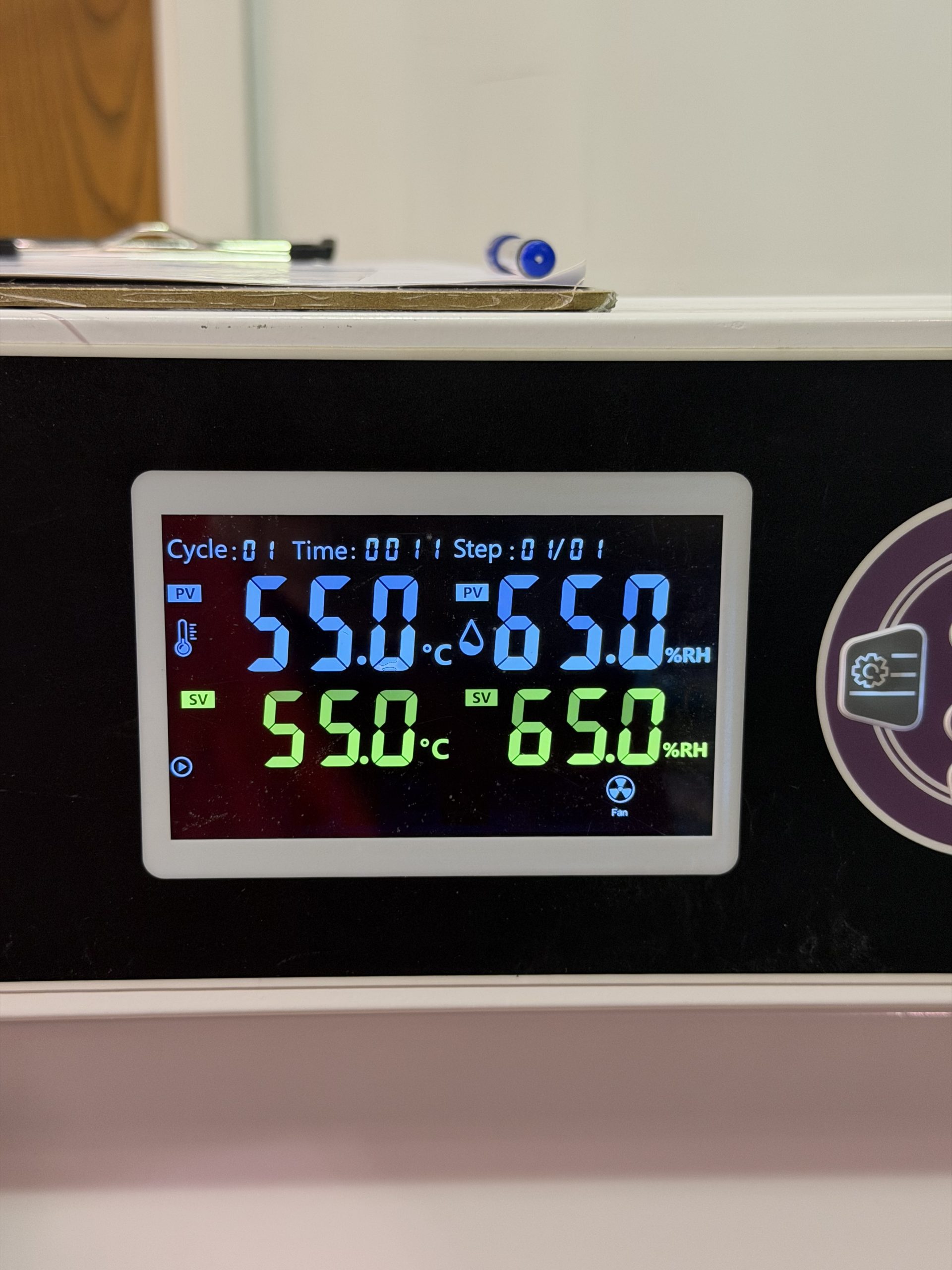 Temperature and humidity chamber operating at 55 degrees Celsius and 65 percent relative humidity during accelerated aging testing